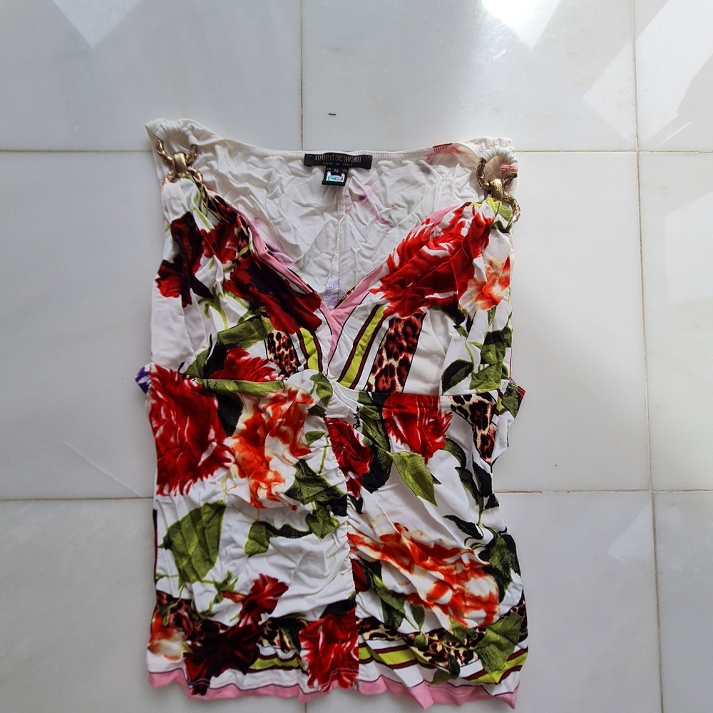 Roberto Cavalli White Red and Green Floral Blouse Top M